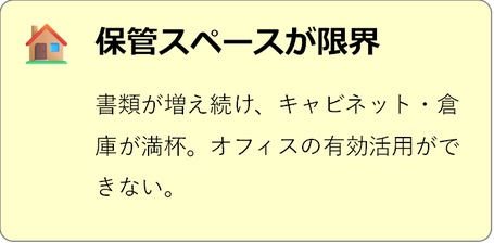保管スペースが限界 書類が増え続け、キャビネット・ 倉庫が満杯。オフィスの有効活用ができない。