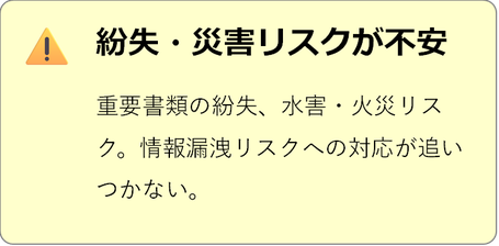 紛失・災害リスクが不安 重要書類の紛失、水害・火災 リスク。情報漏洩リスクへの対応が追いつかない。