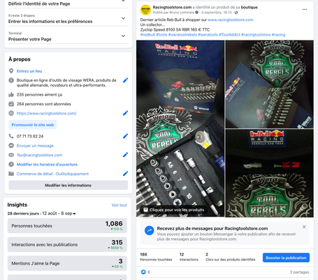 racingtoolstore - boutique d'outils de vissage de marque Wera - facebook - réseaux sociaux - publicité facebook ads - publications facebook - analyse des données insight - photos - vidéos