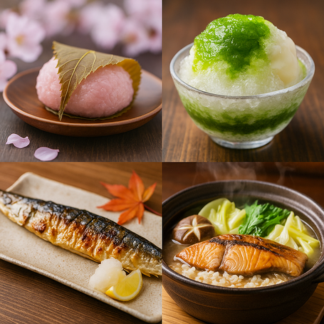 Collage of Japanese seasonal foods: sakura mochi for spring, kakigori shaved ice for summer, grilled sanma for autumn, and steaming hotpot for winter, vibrant seasonal colors.