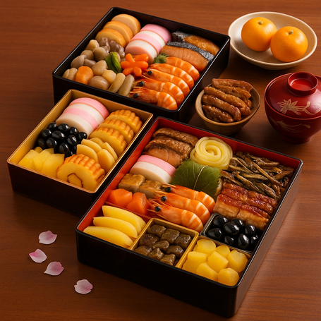 Traditional osechi New Year dishes in colorful lacquered boxes, arranged neatly for celebration.