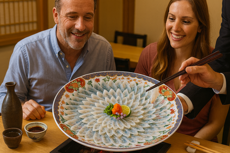 Thinly sliced fugu sashimi arranged like a chrysanthemum on a large blue porcelain plate, served at a high-end Tokyo restaurant, foreign tourists enjoying the dish, elegant and refined atmosphere.