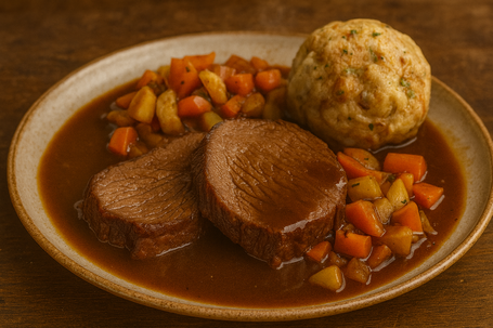 Zarte Scheiben Rinder-Schmorbraten mit dunkler Sauce und Wurzelgemüse im natürlichen Licht