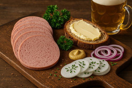 So schmeckt Handwerk – unsere Bierwurst auf frischem Bauernbrot, dazu Radi, Zwiebel und ein kühles Bier.