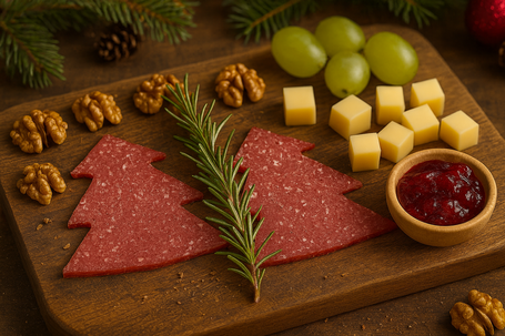 Weihnachtliches Brotzeitbrettl mit Weihnachtsbaumsalami, Käse, Nüssen und Trauben im natürlichen Licht