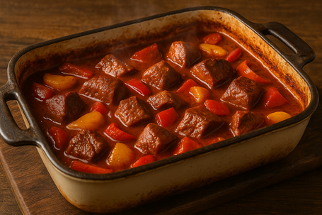 Paprika-Ofengulasch mit bunten Paprikastücken im Bräter, kräftig rote Soße und Röstaromen