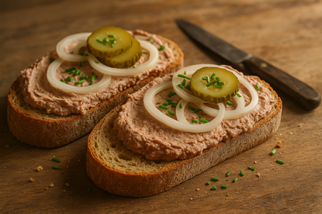 Bauernbrot dick mit Leberwurst bestrichen, darauf Zwiebelringe und Gurkenscheiben, rustikal angerichtet im natürlichen Licht