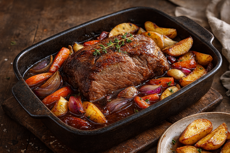 Ofenrinderbraten mit Thymian, Gemüse und glänzender Rotweinreduktion, rustikal angerichtet