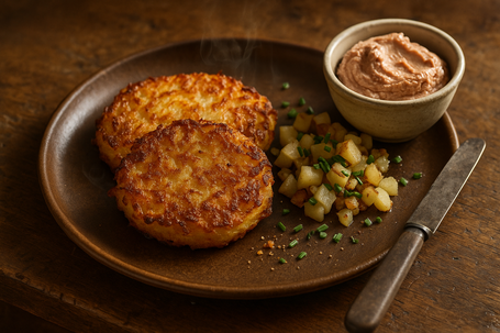 Knusprige Kartoffelrösti mit Zwiebel und Apfel, daneben cremige Leberwurst kalt im Schälchen, rustikal im warmen Fensterlicht angerichtet