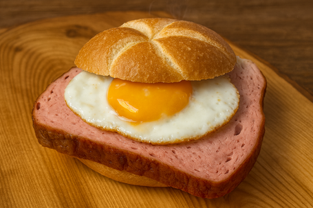 Leberkäse-Semmel mit Spiegelei, warm serviert auf Holzbrett, natürliches Licht