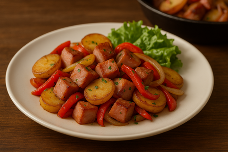 Servierte Bierwurst-Kartoffel-Pfanne auf weißem Teller mit goldbraunen Kartoffeln, Paprika, Zwiebeln und gewürfelter Bierwurst, rustikal angerichtet auf Holztisch.