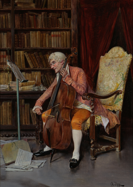 Cellist ohne Cellobrett – allerdings auch ohne Teppich. Aber sehr wohl mit der Gefahr, auf dem glatten Boden wegzurutschen. Und außerdem auf einem Sessel mit Armlehnen... (Antonio Zoppi, 1860-1926)
