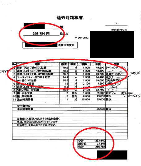 管理会社の退去費用の請求書