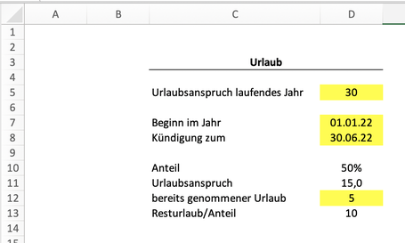 Excel Resturlaub berechnen Formel