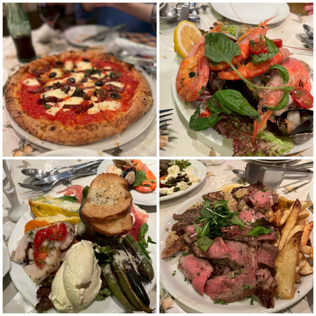 イタリアン料理のマルゲリータピザに、柔らかいお肉のTボーンステーキにはサーロインとヒレ肉、フライドポテトが乗っています。そして海の幸レモンマリネは大きなエビが丸ごと乗っていて、ムール貝やアサリなどの魚介がたっぷり。またちょい飲みセットには自家製スモークチキン、キッシュ、そら豆のグリル焼き、ピーマンのムースにフランスパンが２枚乗っています。