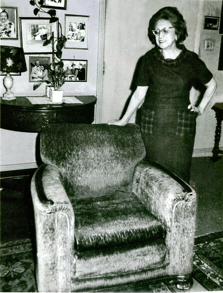  Hilda Fuchs with the arm-chair that Meher Baba sat in during his visit to California.