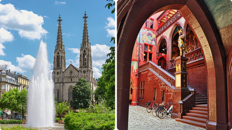 Iglesia evangélica de Baden-Baden y ayuntamiento de Basilea durante excursión desde Alsacia
