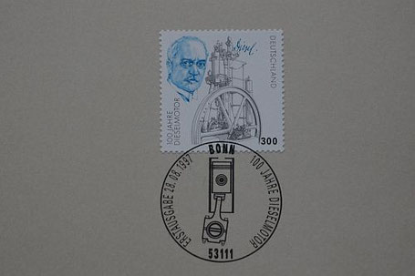 3-M-Gedenkbriefmarke "100 Jahre Dieselmotor" mit Ersttagsstempel vom 28.8.1997.