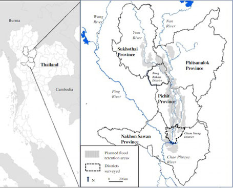 Ursprünglich geplante Überflutungsflächen im Oberlauf des Flusses Chao Praya (nördl. von Bangkok) zur frühen Reduktion der Abflussspitzen (nur teilweise umgesetzt) (Quelle: https://onlinelibrary.wiley.com/doi/full/10.1111/jfr3.12543).