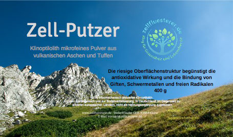 Etikett des Zell-Putzer Produkts blauer Himmel mit Bergen Wald und Wiese