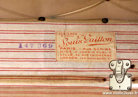 Etiquette Malle et valise : Louis Vuitton Paris 1 rue Scribe Nice 4 jardin public Lille 34 rue faidhherbe London 149 New Bond St