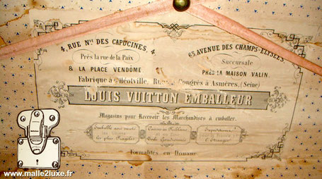 Etiquette malle Louis Vuitton : 4, rue nouvelle des capucines Près de la rue de la Paix & la Place Vendôme 65, avenue des champs-élysées Succursale Près la maison valin Fabrique à Heotville, rue congrès à Asnières, (seine) Louis Vuitton emballeur Magas