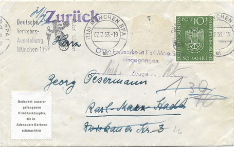 Zurück Retour Karl-Marx-Stadt Ohne freimarke eingegangen Adenauer vignette cinderella POW commemorative stamp kriegsgefangenengedenkmarke