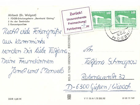zurück DDR berlin unzureichende freimachung nachgebühr fehlbetrag retour insufficient postage postage due surcharge gdr frg