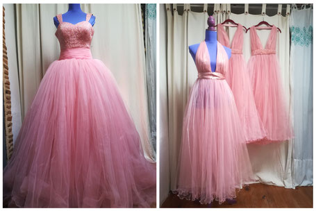 Sur la droite des deux images, on retrouve une robe de mariée en tulle rose. Sur la gauche on voit trois robes de spectacle qui ont été faites à partir du tulle de la première robe.