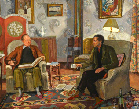 ꧁ Vanessa Bell, Interior Scene, with Clive Bell and Duncan Grant Drinking Wine, 1919 ꧂