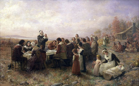Le premier Thanksgiving à Plymouth (Jennie Augusta Brownscombe, 1914)
