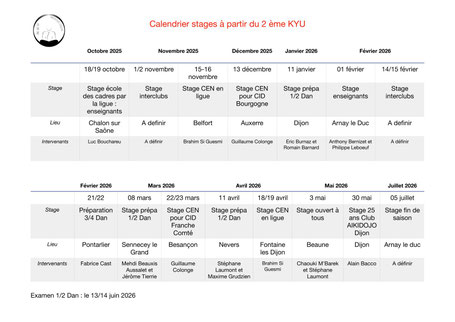 Calendrier stages 2025-2026