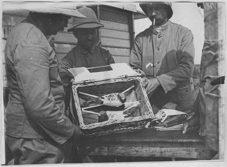 Brieftauben im Transportkorb im Einsatz des französischen Militärs (1917)