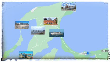 Karte Sehenswürdigkeiten der Halbinsel Wittow im Norden der Insel Rügen: Kap Arkona, Altenkirchen, Dranske. Breege, Wiek, Wittower Fähre.