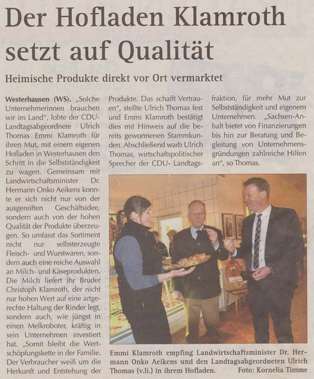 Zeitungsartikel "Der Hofladen Klamroth setzt auf Qualität" aus dem Wochenspielgel vom 2. März 2016