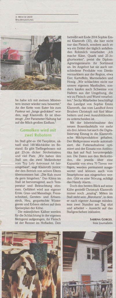 Zeitungsartikel "Neuer Stall mit viel Kuh-Komfort" Bauernzeitung 3. Woche 2019 Teil 2