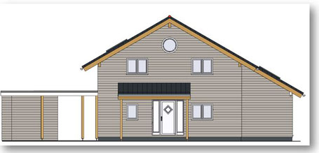 CAD drawing of the front elevation of the 3 bedroom eco house