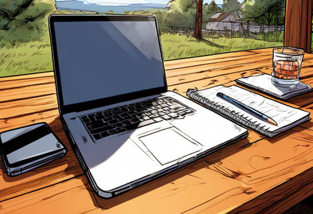 Ein geöffneter Laptop steht am Fenster und symbolisiert die Durchführung vom Azubitest