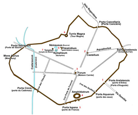 Nîmes (Nemausus) : Plan simplifié de la ville (époque romaine) - Narbonnaise - France