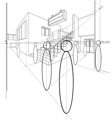 階段のある駅にモブキャラのいるパース背景　⑤