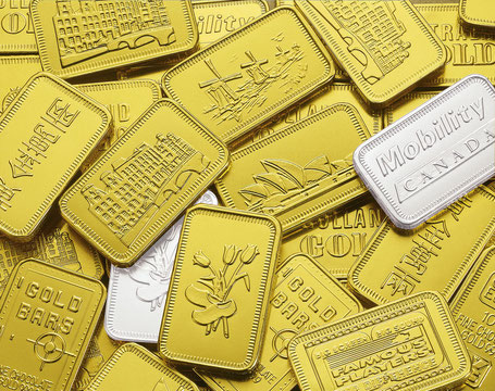 Schokoladen Goldbarren mit verschiednen Motiven, Abbildungen und Logos gestaltet und in den Farben Gold und Silber personalisiert.
