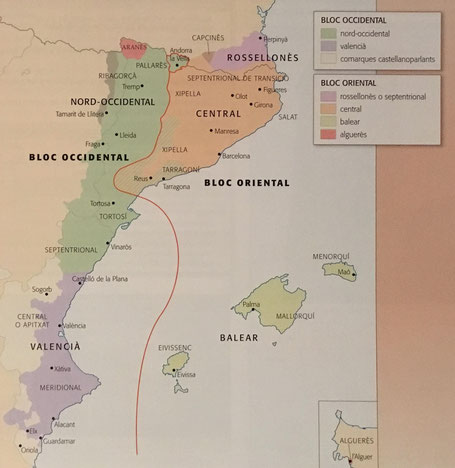 Mapa del domini lingüístic del català.