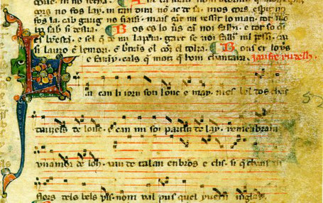 Manuscrit d'una cançó -i corresponent melodia- de Jaufré Rudel, representant de la primera generació de trobadors occitans.