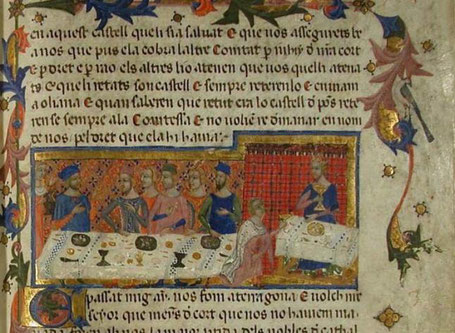 Miniatura d'un manuscrit del segle XIV del Llibre dels feits en què el mercader Pere Martell explica les meravelles de Mallorca a Jaume I i als seus consellers per convèncer-los de la conveniència de reconquerir l'illa als sarraïns.