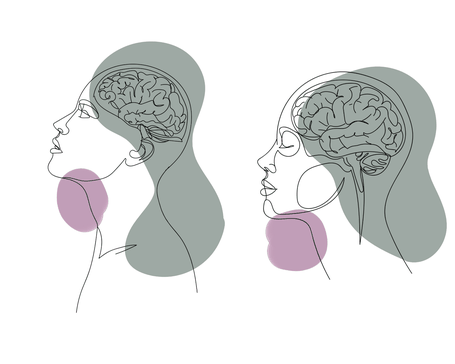 Illustration en tons doux représentant un homme et une femme avec le cerveau visible en filigrane, symbolisant l’apaisement du mental et l’équilibre du sommeil.