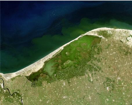 Sattelitenaufnahme des Burullus See (Quelle: https://www.esa.int/ESA_Multimedia/Images/2013/02/Lake_Burullus)