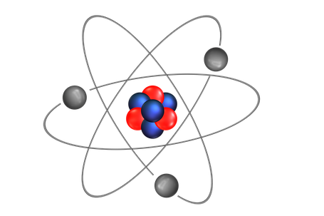 Atomkern und Elektronen.