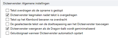 Dicteervenster algemene instellingen in Dragon spraakherkenning