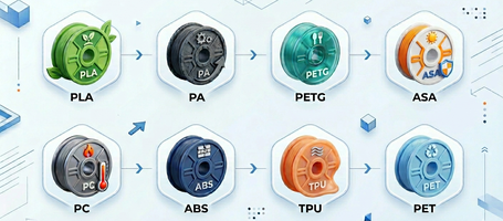 Infografik von FilaLution zum Thema Material: mehrere Filament-Rollen mit den verschiedenen 3D-Druck Materialien die recycled werden können.