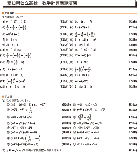 愛知県公立高校入試　 過去9年分計算問題演習見本